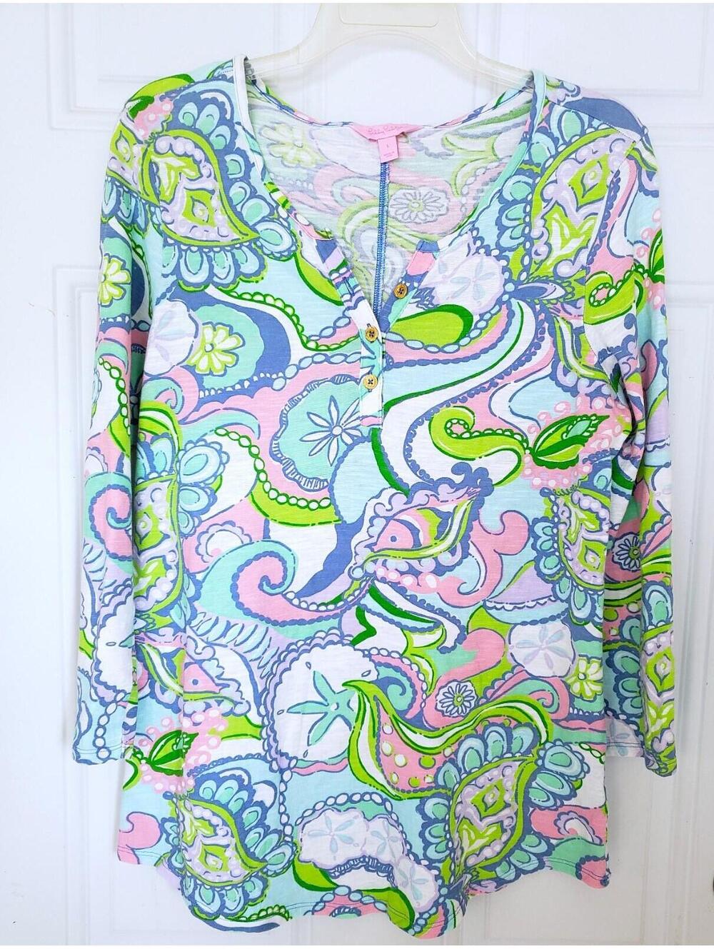 Lilly Pulitzer  Kirby Tunic Top  Blue Pink Green Floral 3/4 Sleeve Sz L